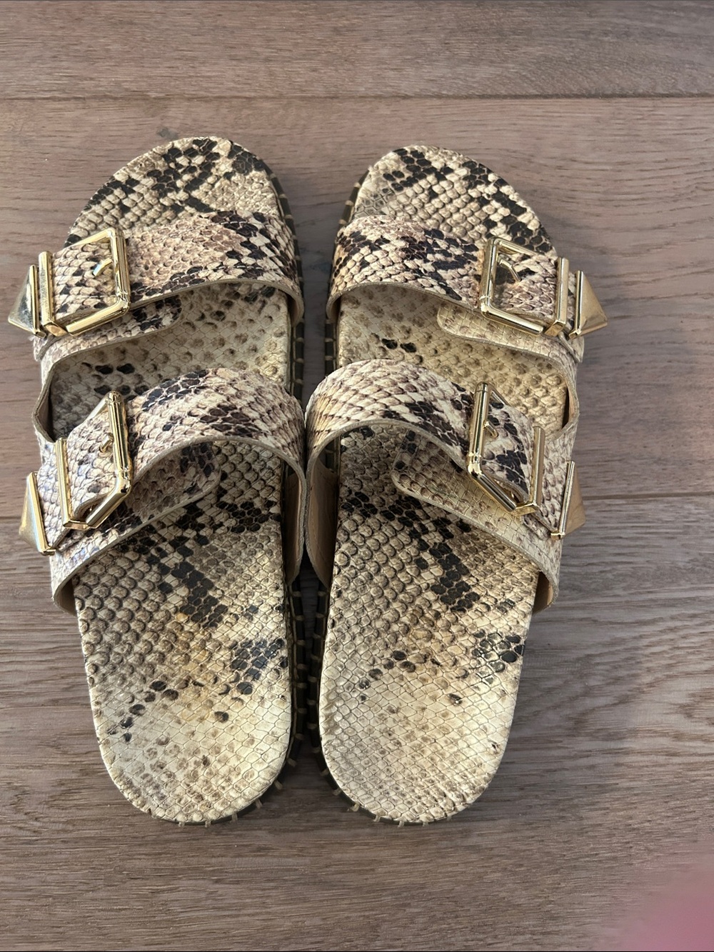 Schutz LeatherNeutral Snake-Print Slide Sandals with Gold Buckles